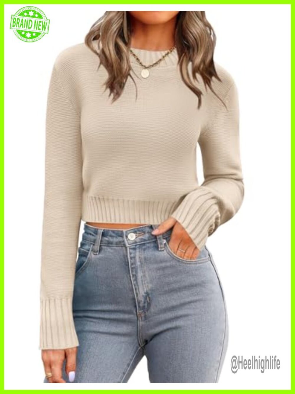 Women's Cropped Crewneck Long Sleeve Knit Sweater Pullover